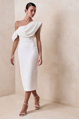 Farvera | White Lace Draped Asymmetric-Neck Midi Dress