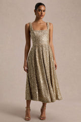 Lima | Champagne Sequin Square-Neck A-Line Midi Dress