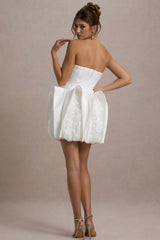 Orchid Oasis | White Bandeau Mini Dress With Puff Floral Hem