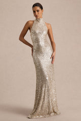 Tulia | Gold Sequin High-Neck Maxi Dress
