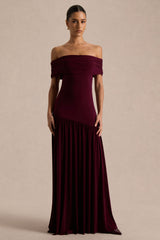 Venezia | Burgundy Bardot Maxi Dress With Drop-Waist
