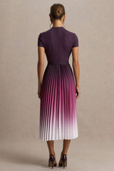 Libby | Burgundy Ombre Woven High-Neck Midi Dress With Pleated Detailing