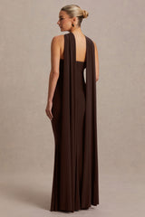 Lyra | Brown Cross Halter-Neck Maternity Maxi Dress With Cape