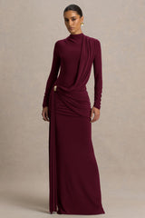 Melissa | Burgundy Long-Sleeve Wrap Maxi Dress With Draped Detailing