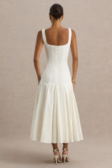 Magnolia | White Scoop-Neck Midi Dress With Drop-Waist And Ruffling Detail