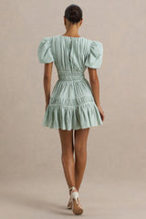 Laurelle | Green Extreme Plunge-Neck Mini Dress With Ruffling Detail