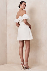 Florinda | White Boucle Floral-Bardot Neck Mini Dress