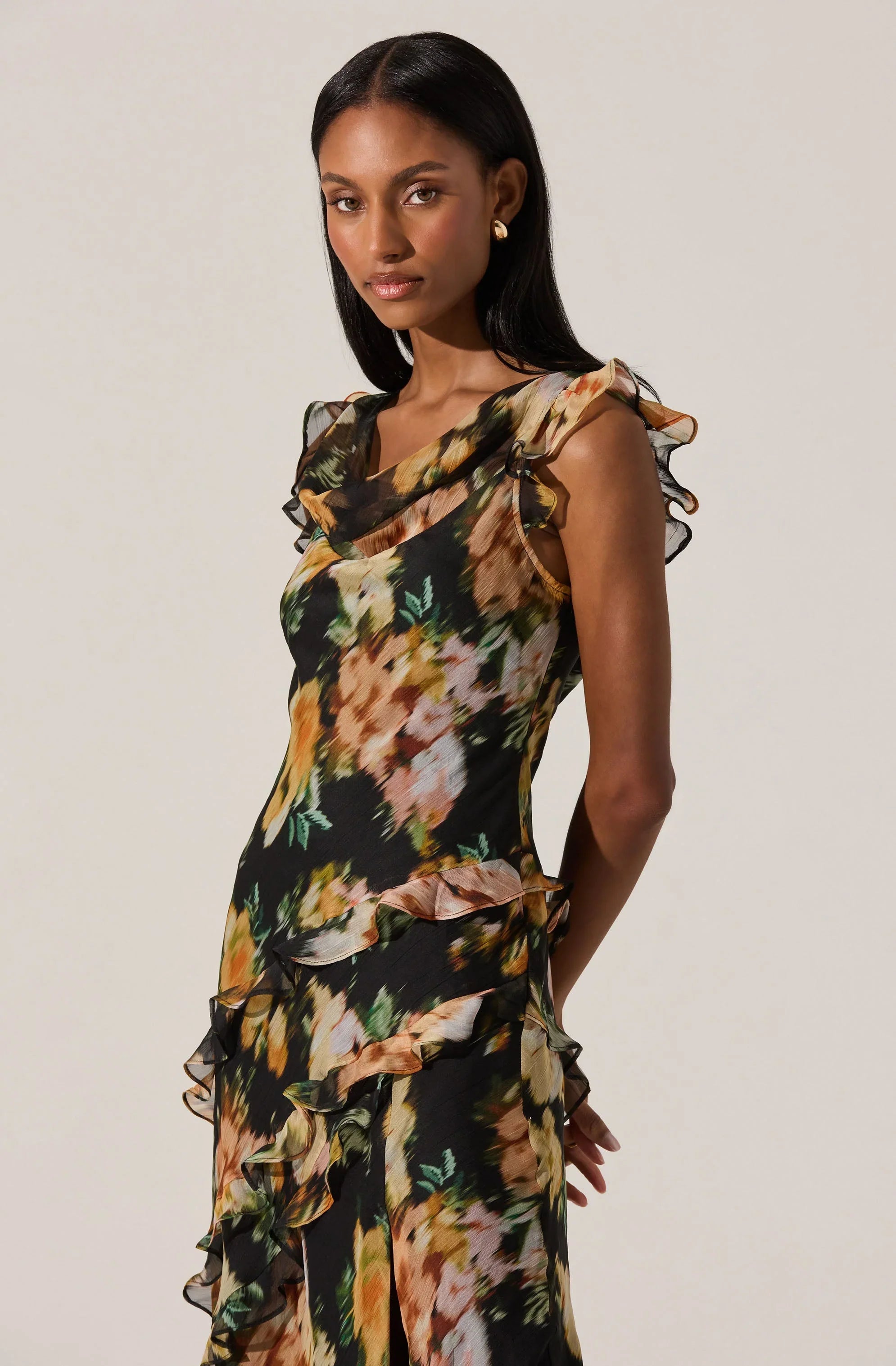 Lbruh Alinta Floral Ruffle Cowl Neck Midi Dress