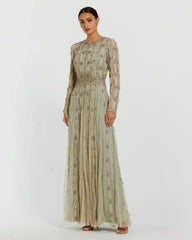 Green Embellished Long Sleeve A-Line Gown