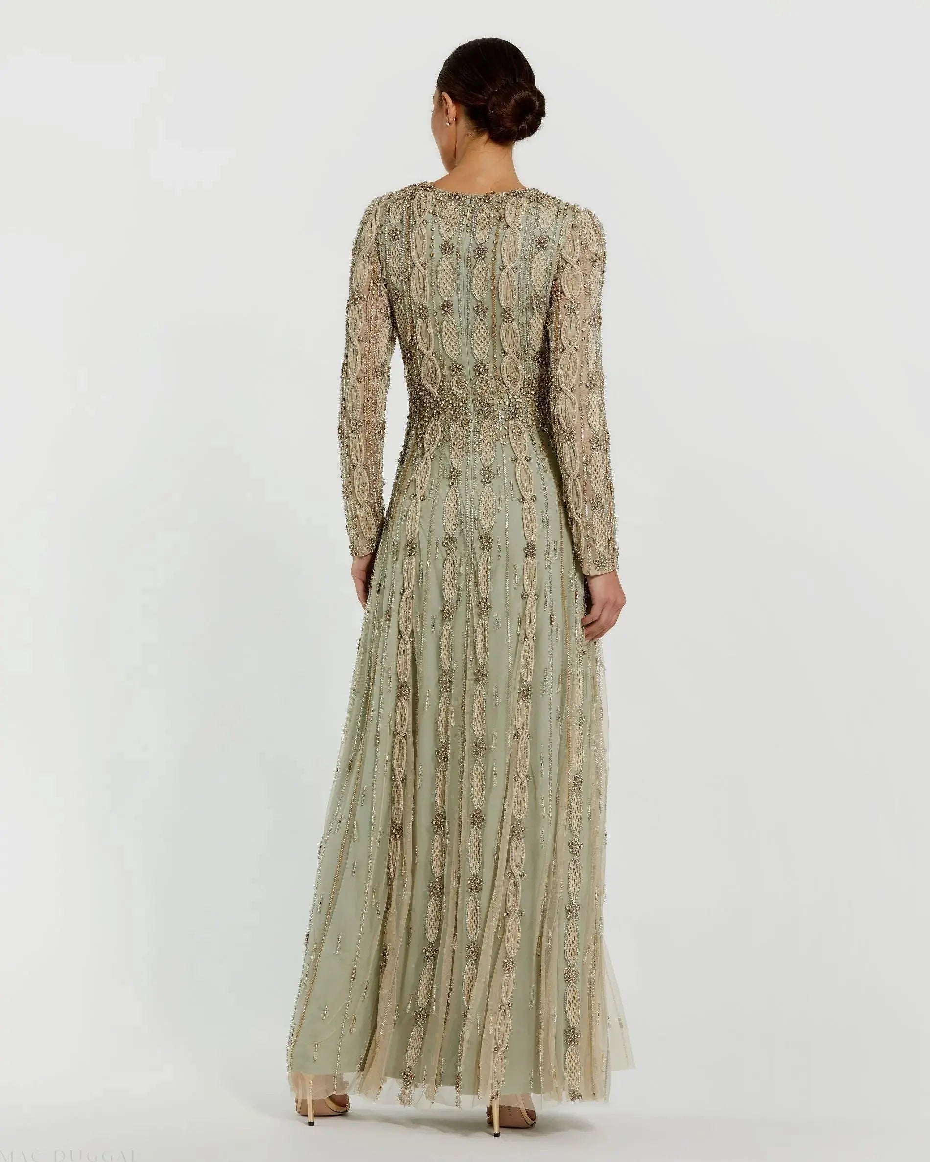 Green Embellished Long Sleeve A-Line Gown