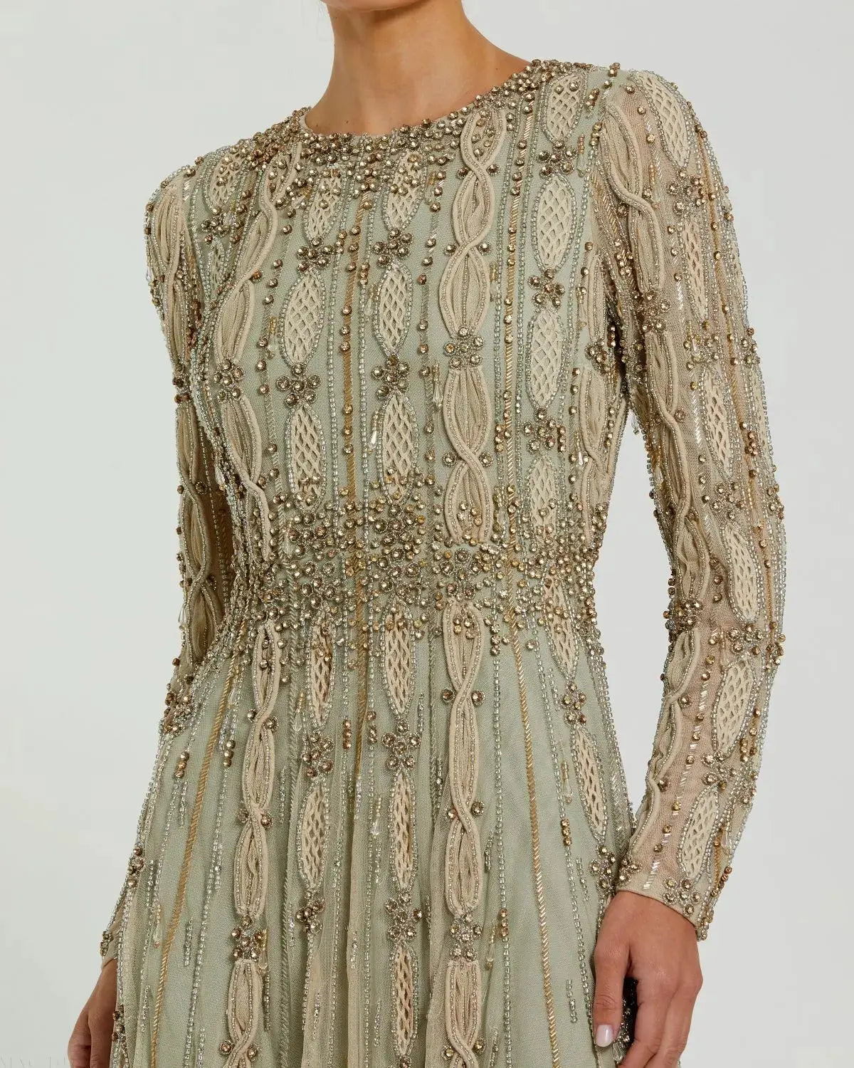 Green Embellished Long Sleeve A-Line Gown