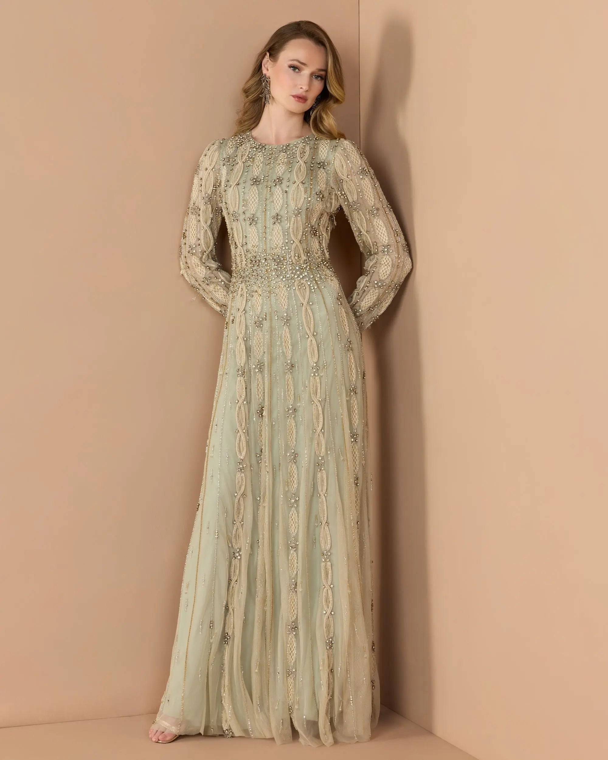 Green Embellished Long Sleeve A-Line Gown