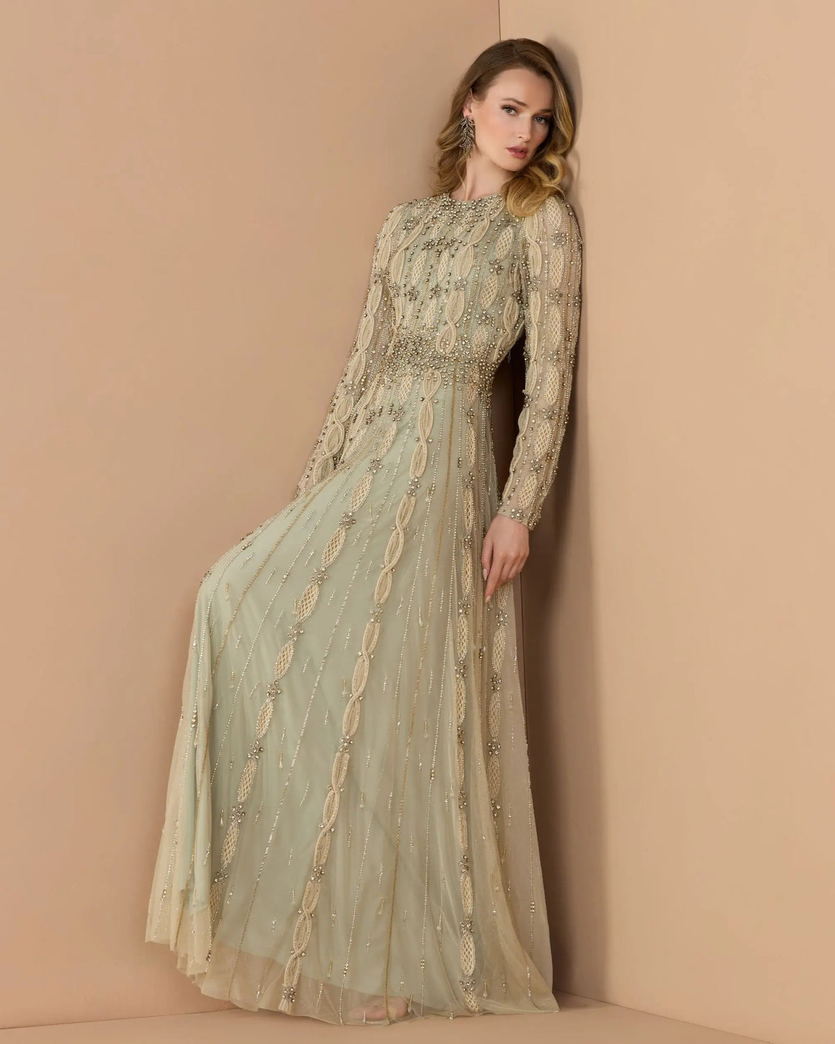 Green Embellished Long Sleeve A-Line Gown