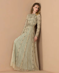 Green Embellished Long Sleeve A-Line Gown