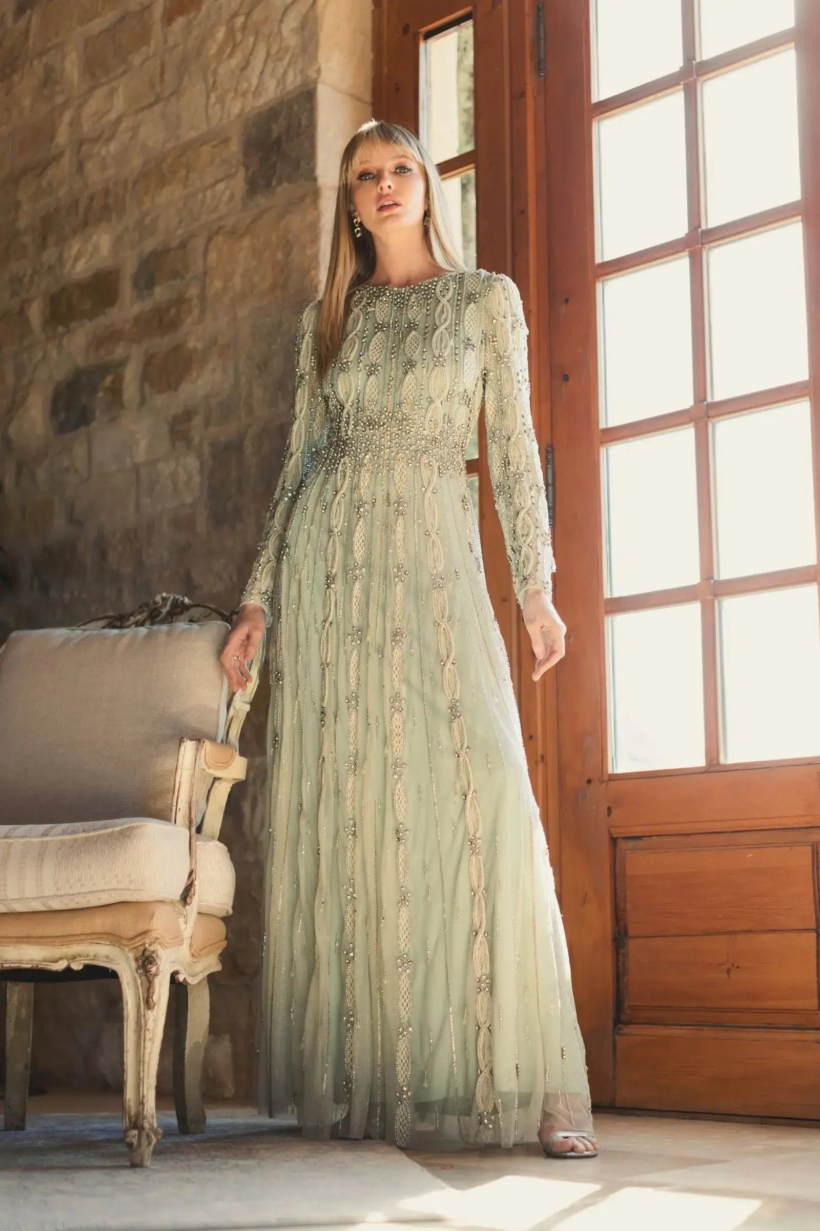 Green Embellished Long Sleeve A-Line Gown