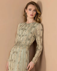Green Embellished Long Sleeve A-Line Gown