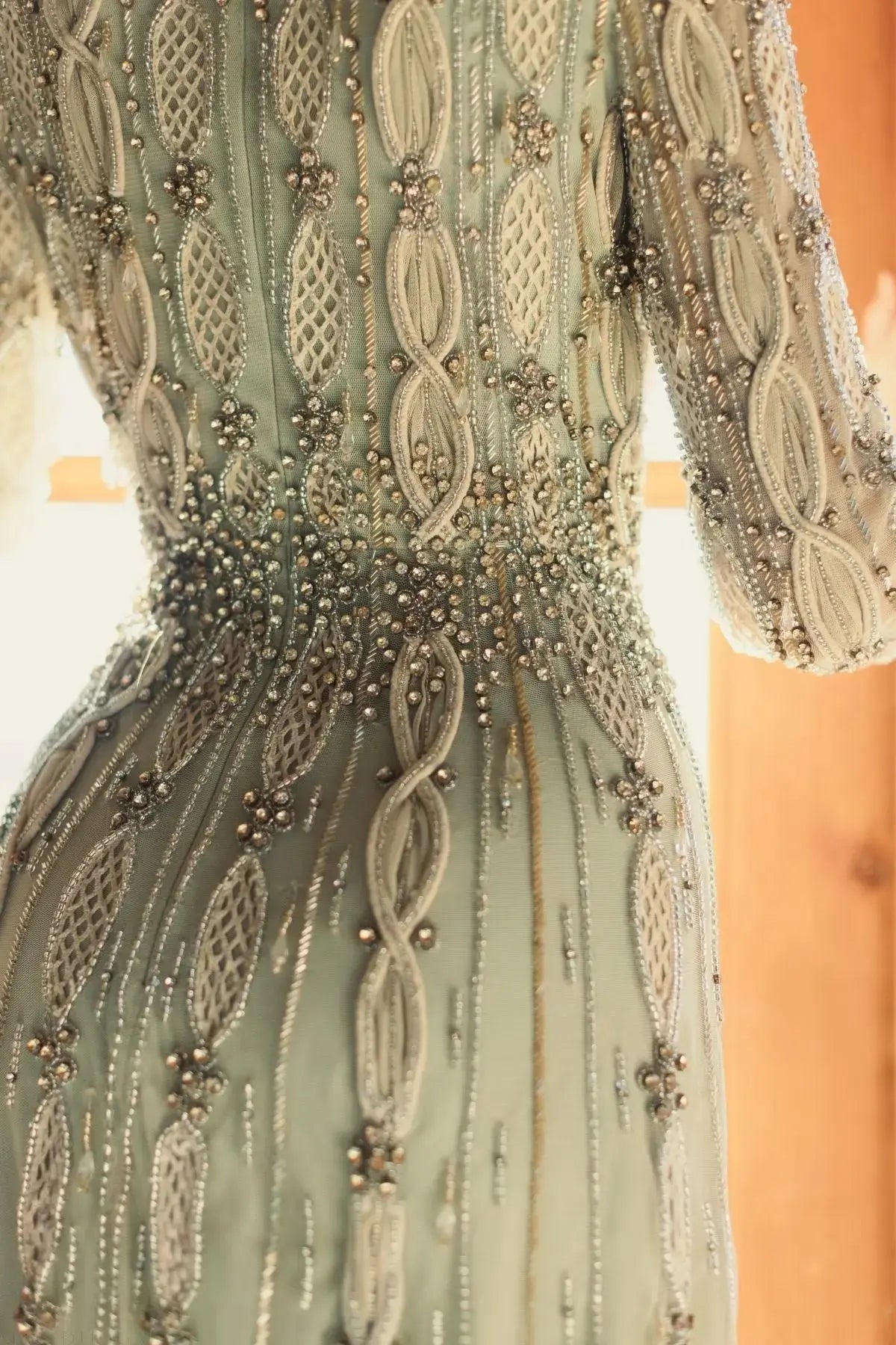 Green Embellished Long Sleeve A-Line Gown
