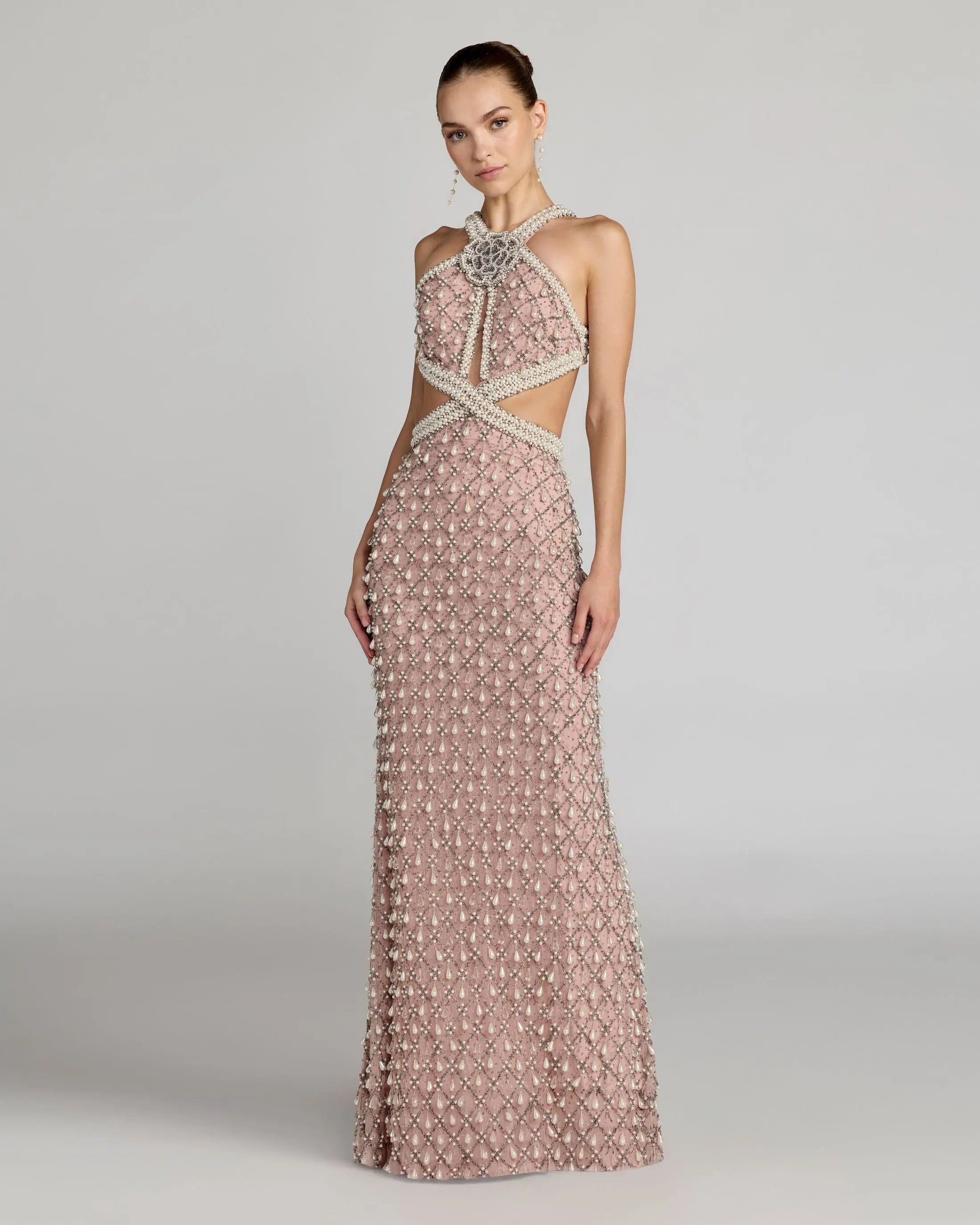 Pink Pearl Embellished Open Back Gown