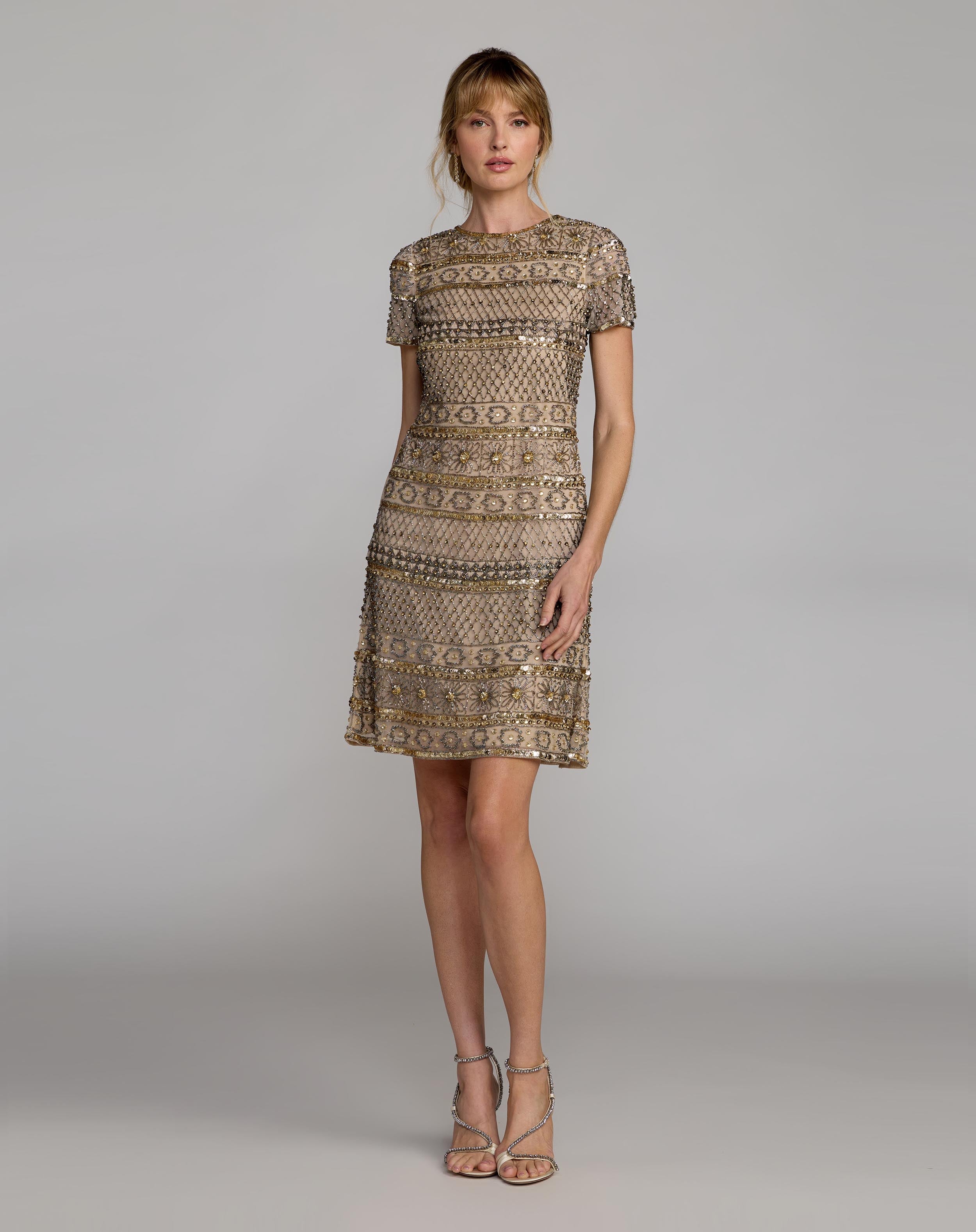 Gold Short Sleeve Embellished Mini Dress