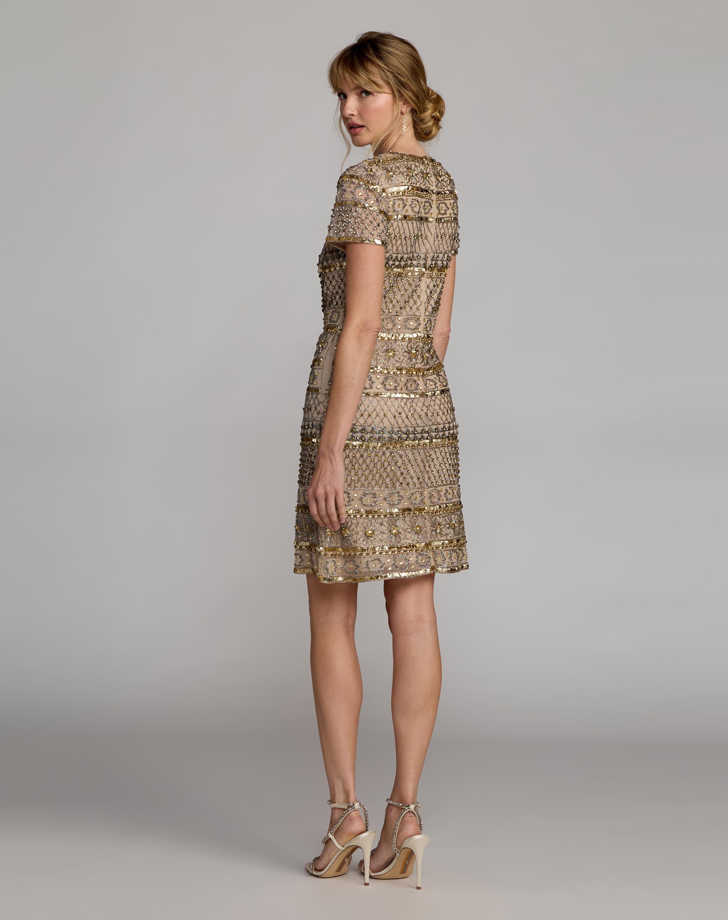 Gold Short Sleeve Embellished Mini Dress