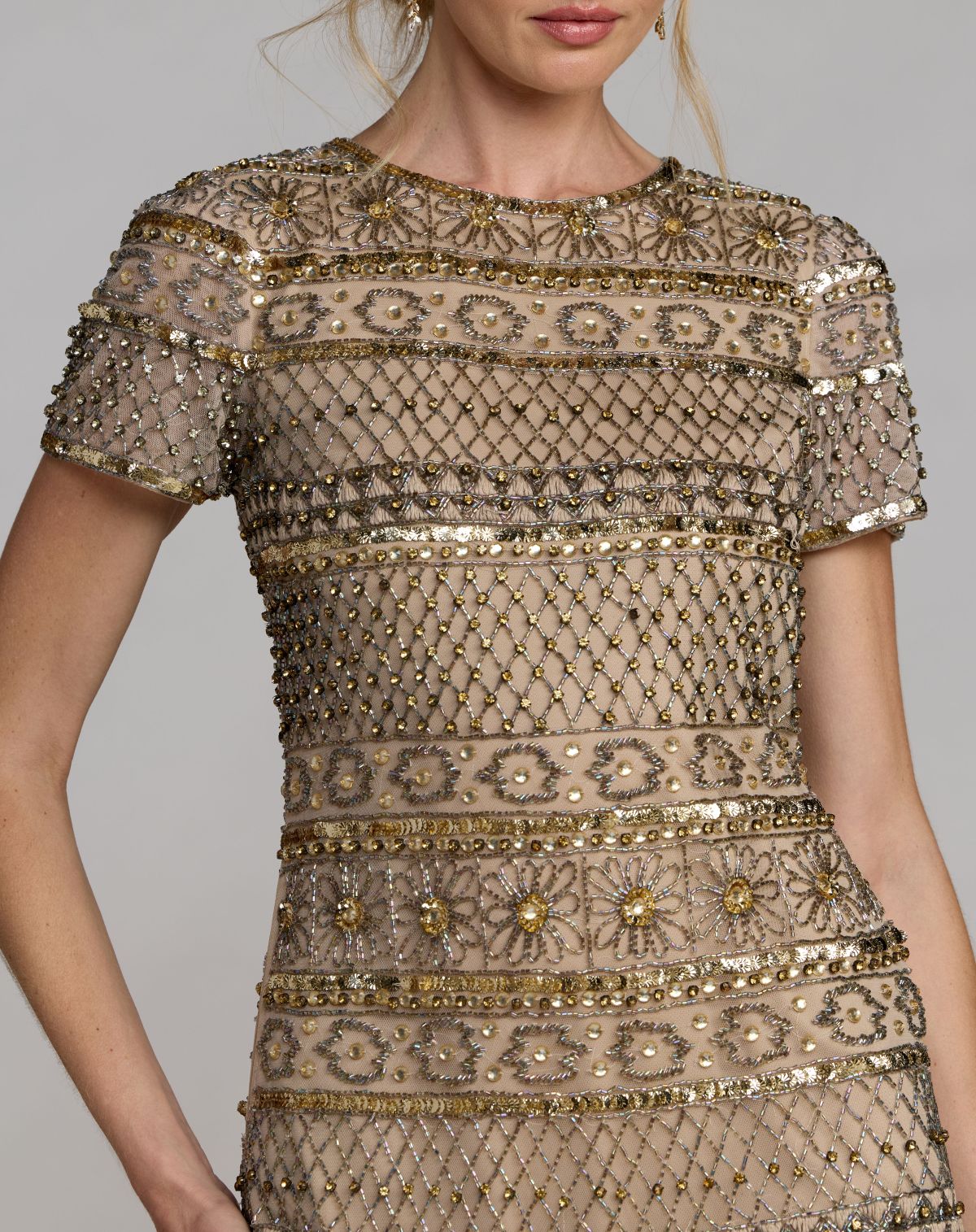 Gold Short Sleeve Embellished Mini Dress