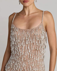 Beige Pearl Fringe Mini Dress