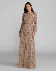 Beige Crystal Beaded Floral Bishop Sleeve Gown
