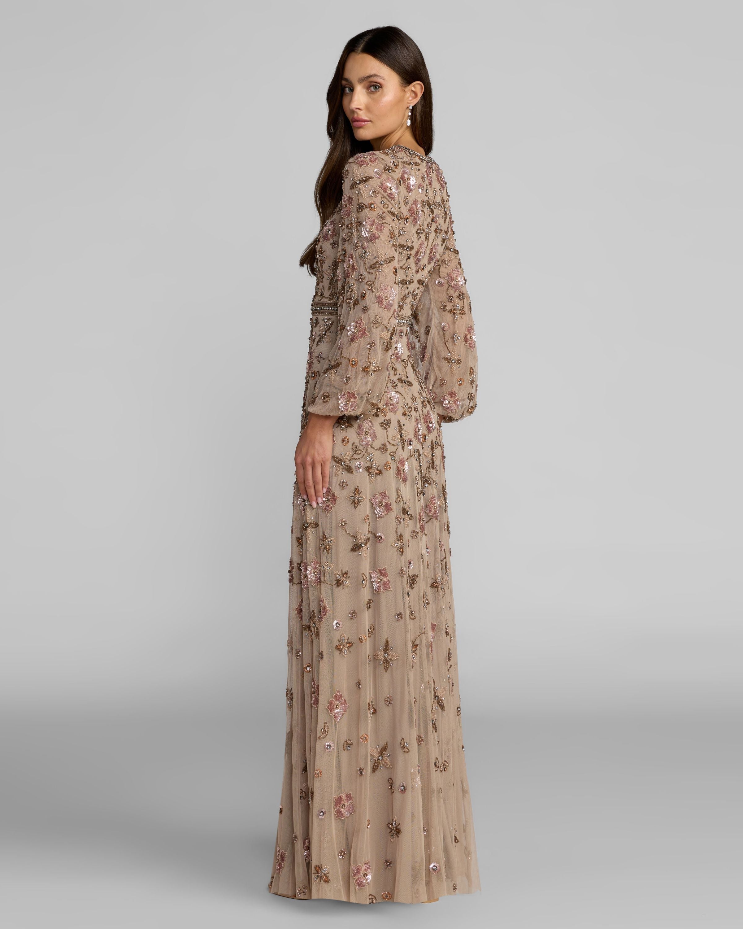 Beige Crystal Beaded Floral Bishop Sleeve Gown