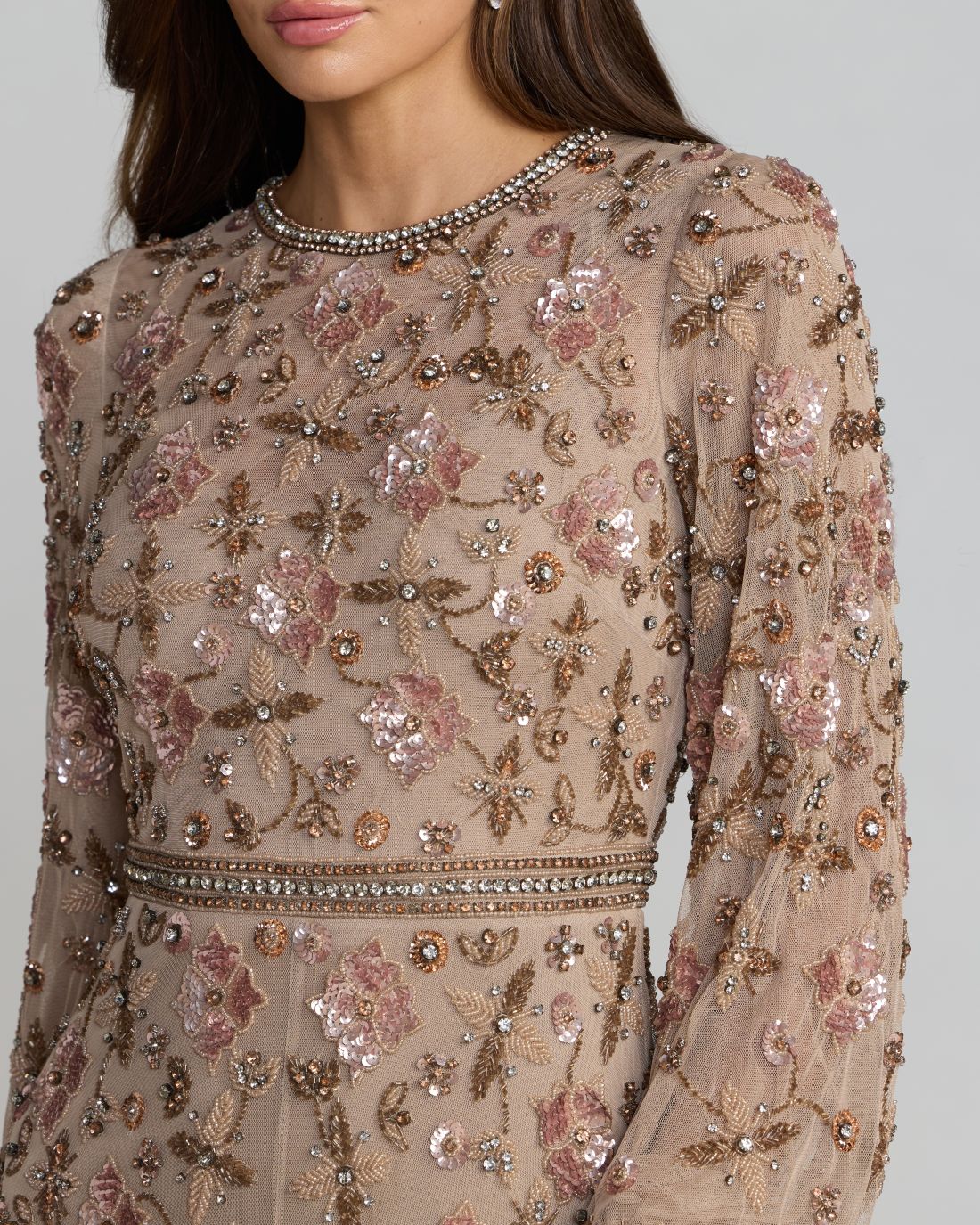 Beige Crystal Beaded Floral Bishop Sleeve Gown