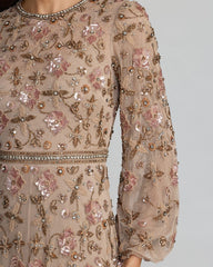 Beige Crystal Beaded Floral Bishop Sleeve Gown