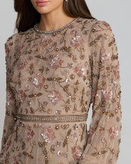 Beige Crystal Beaded Floral Bishop Sleeve Gown