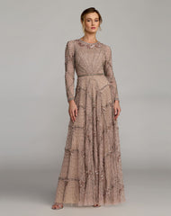 Rose Rhinestone Embellished Long Sleeve A-Line Gown