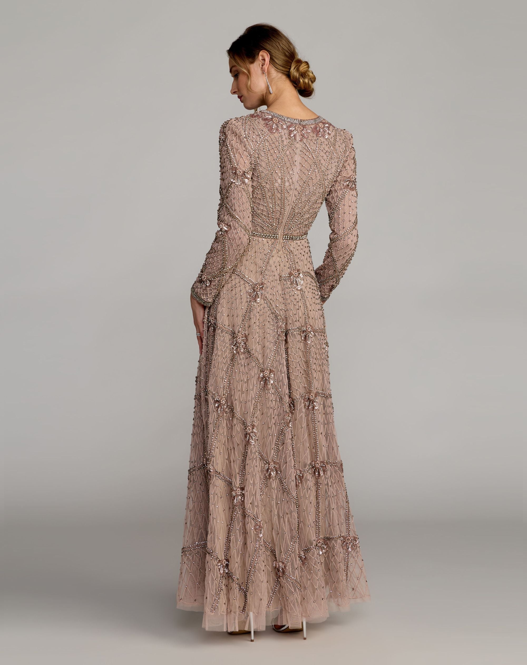 Rose Rhinestone Embellished Long Sleeve A-Line Gown