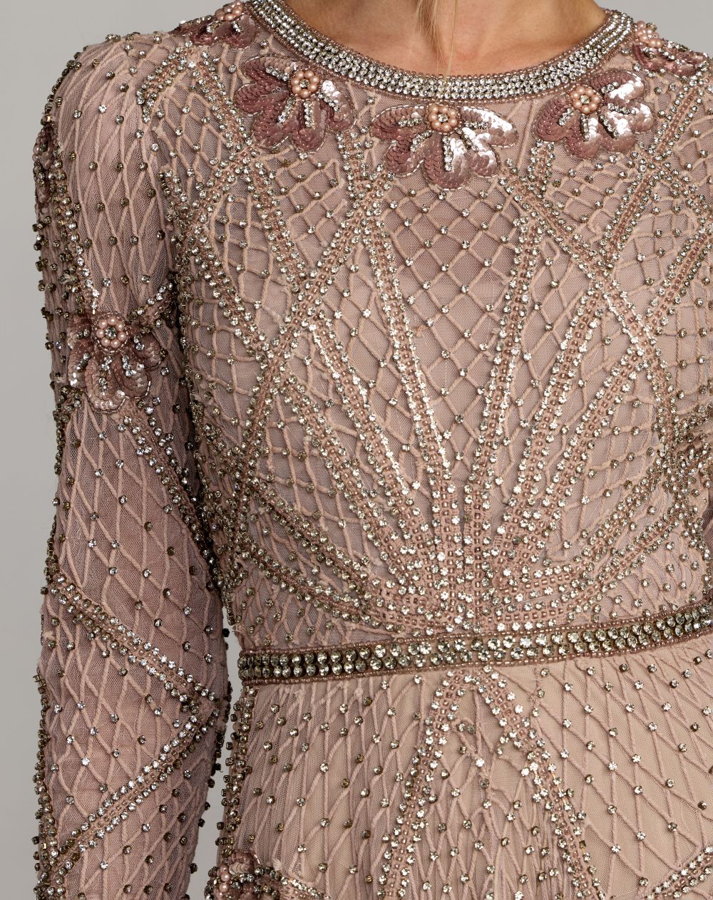 Rose Rhinestone Embellished Long Sleeve A-Line Gown