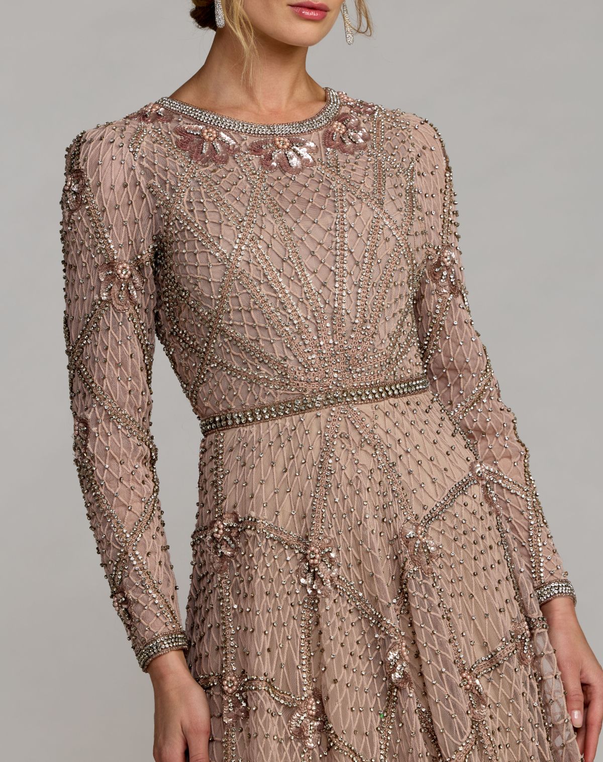 Rose Rhinestone Embellished Long Sleeve A-Line Gown