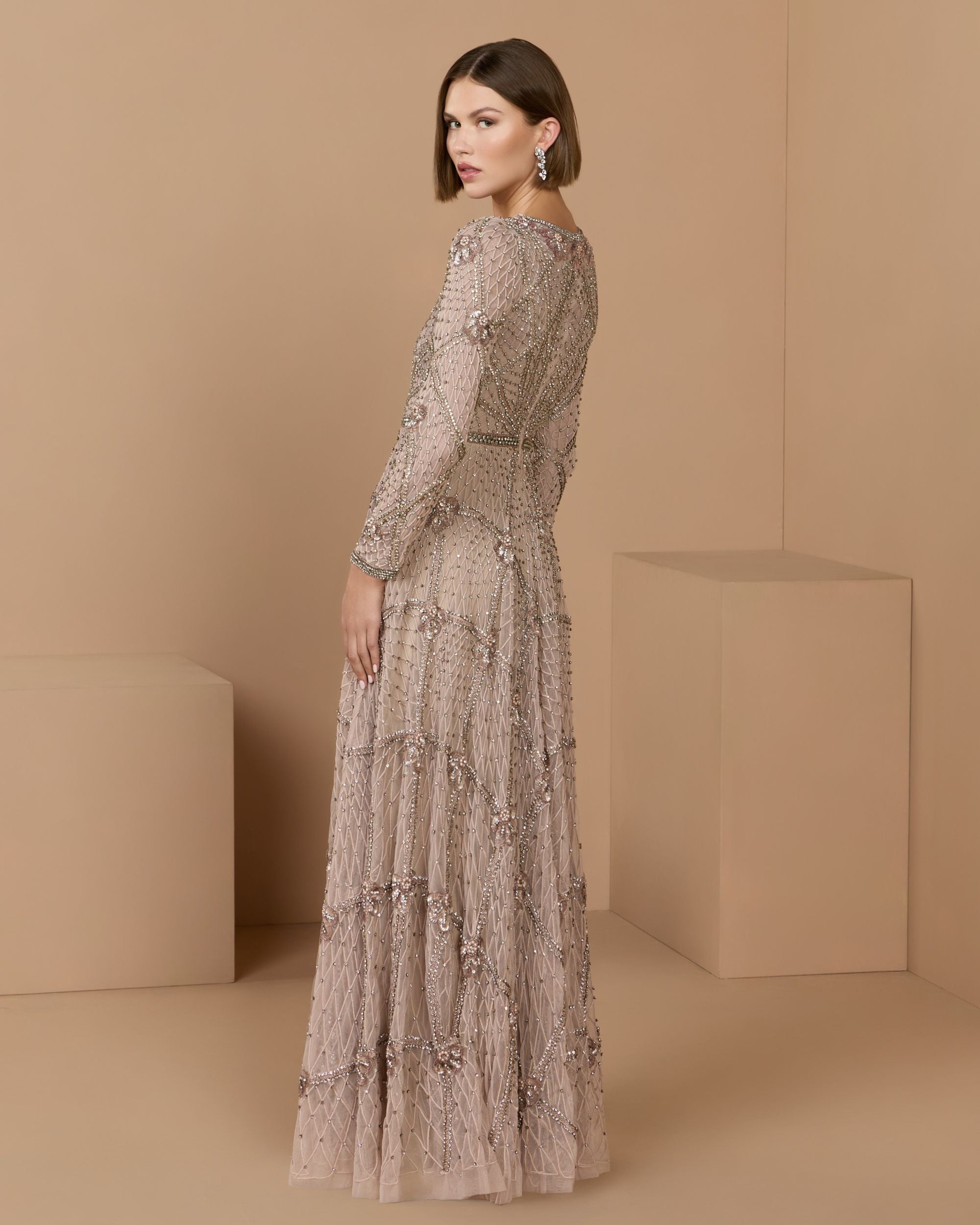 Rose Rhinestone Embellished Long Sleeve A-Line Gown