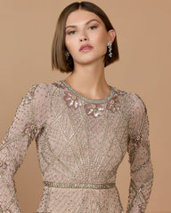 Rose Rhinestone Embellished Long Sleeve A-Line Gown