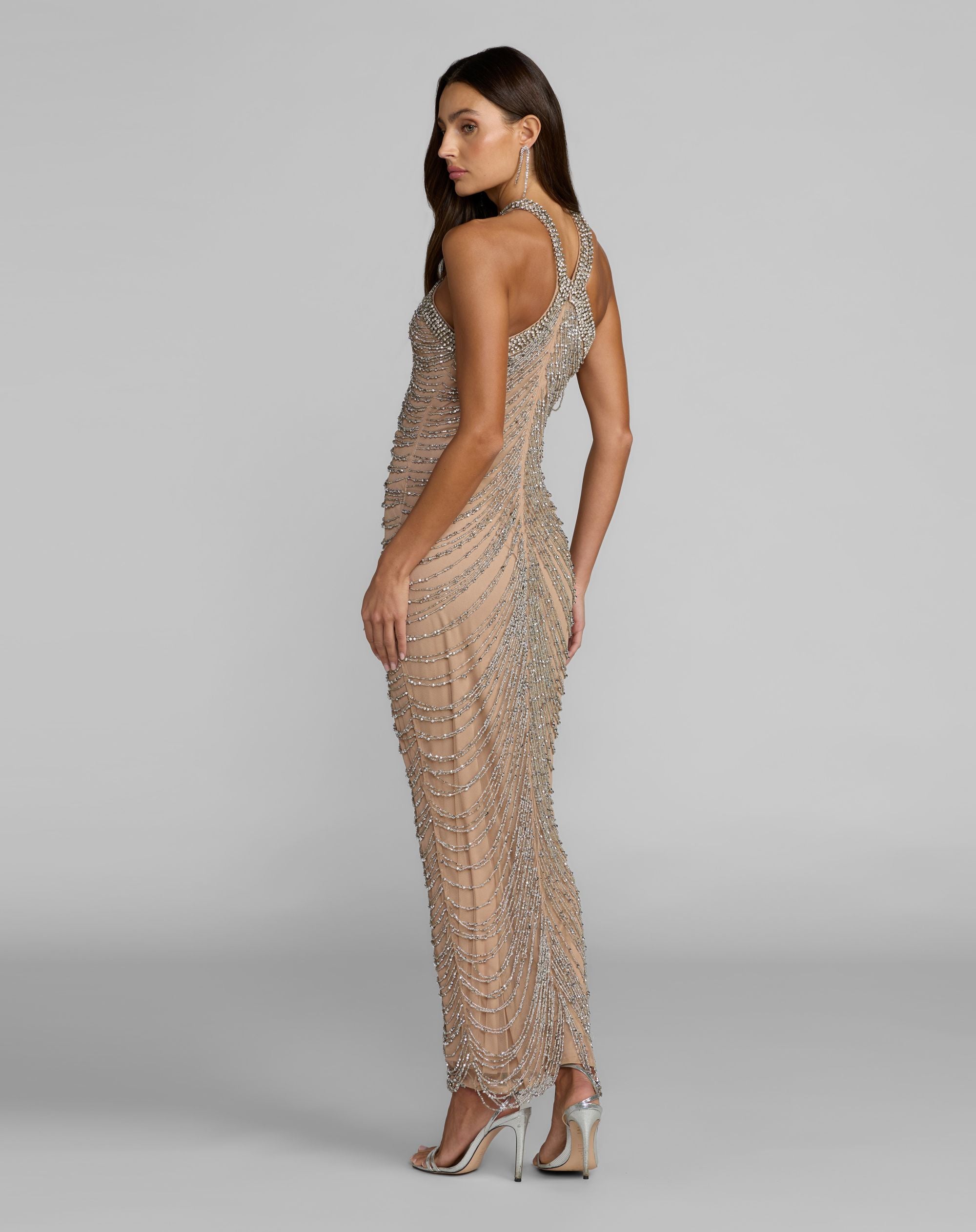 Beige Halter Neck Embellished Maxi Dress