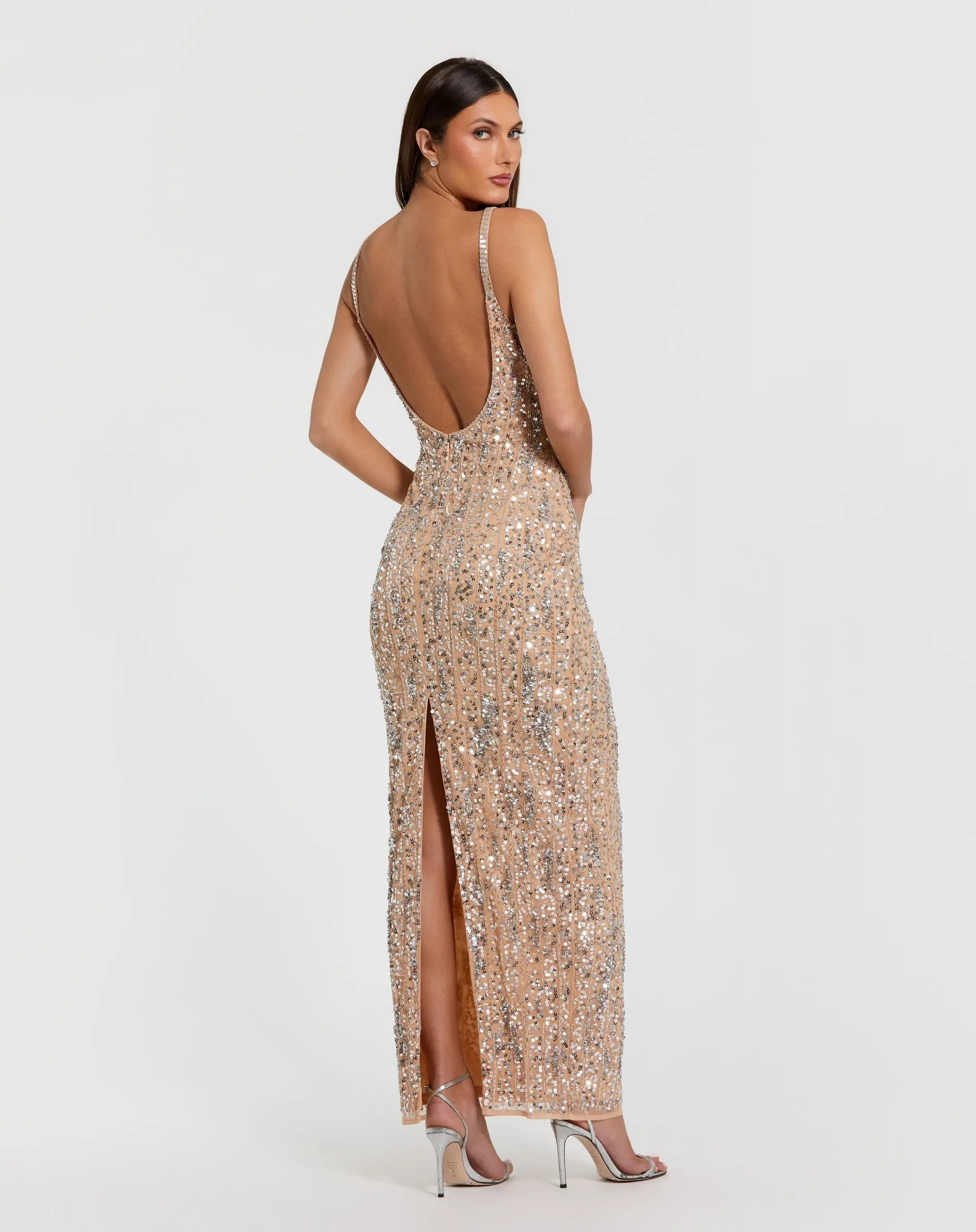 Beige Embellished Square Neck Gown