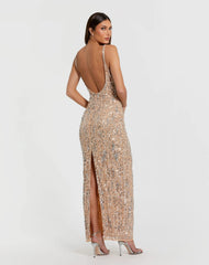 Beige Embellished Square Neck Gown