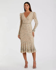 Beige Sequin Dress with Beaded Hemline and Belt - FINAL SALE