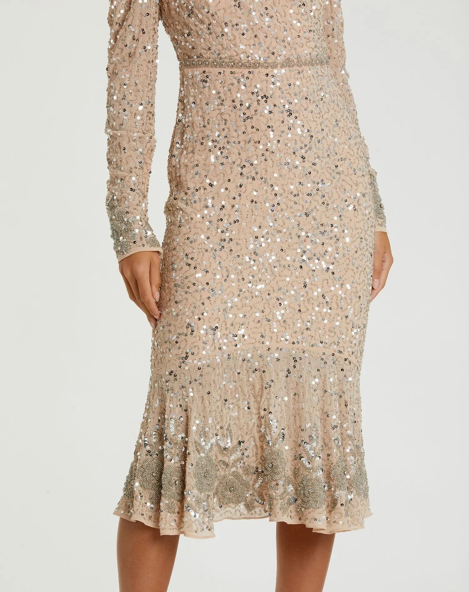Beige Sequin Dress with Beaded Hemline and Belt - FINAL SALE