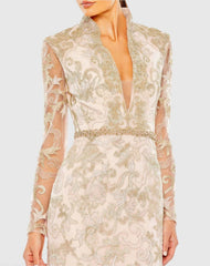 Pink Queen Anne Lace Long Sleeve V-Neck Trumpet  Gown
