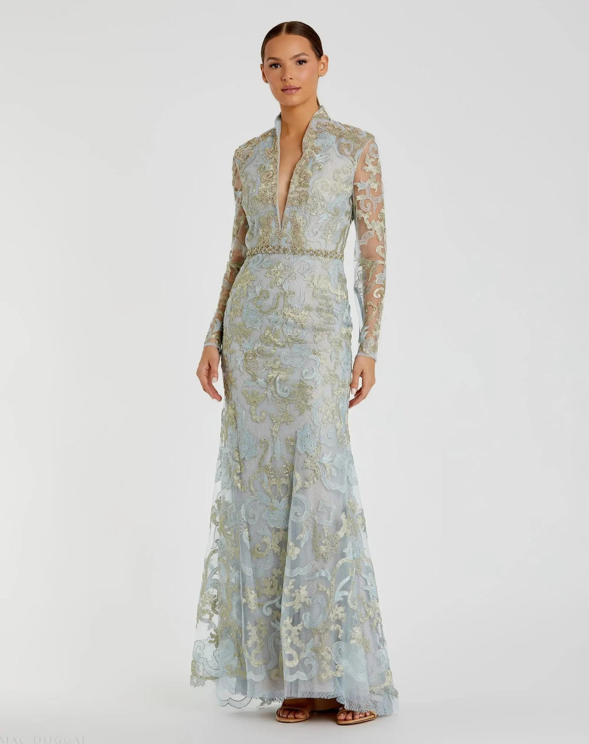 Blue Queen Anne Lace Long Sleeve V-Neck Trumpet Gown