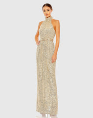 Gold Sequin Halter Neck Column Gown With Tie Belt