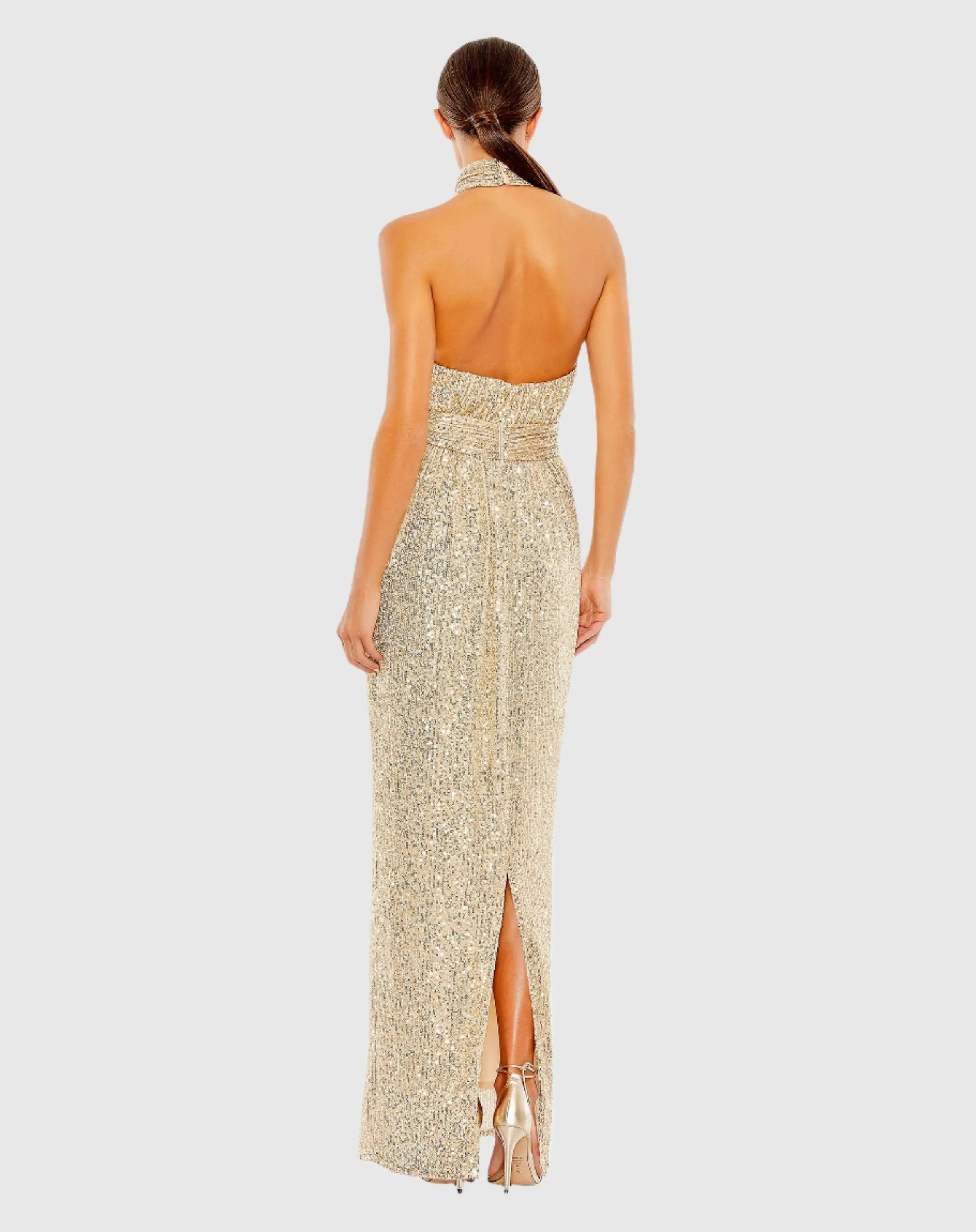 Gold Sequin Halter Neck Column Gown With Tie Belt
