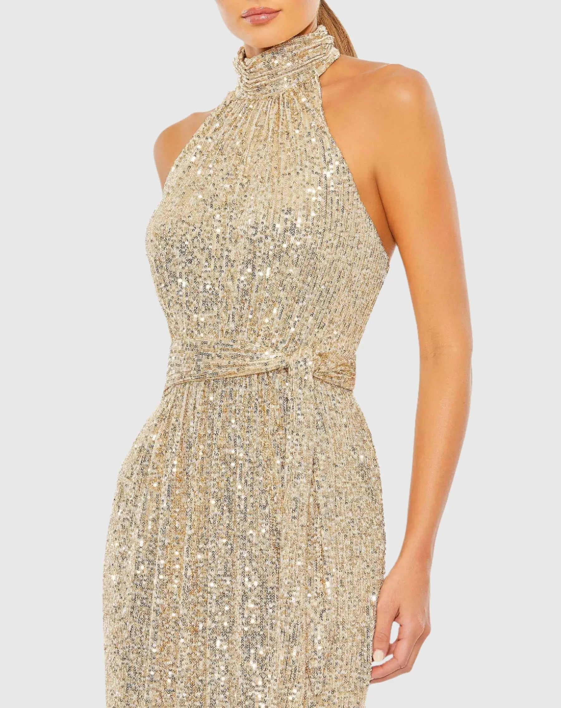 Gold Sequin Halter Neck Column Gown With Tie Belt