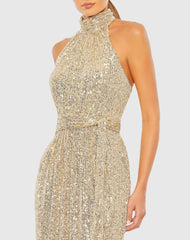 Gold Sequin Halter Neck Column Gown With Tie Belt