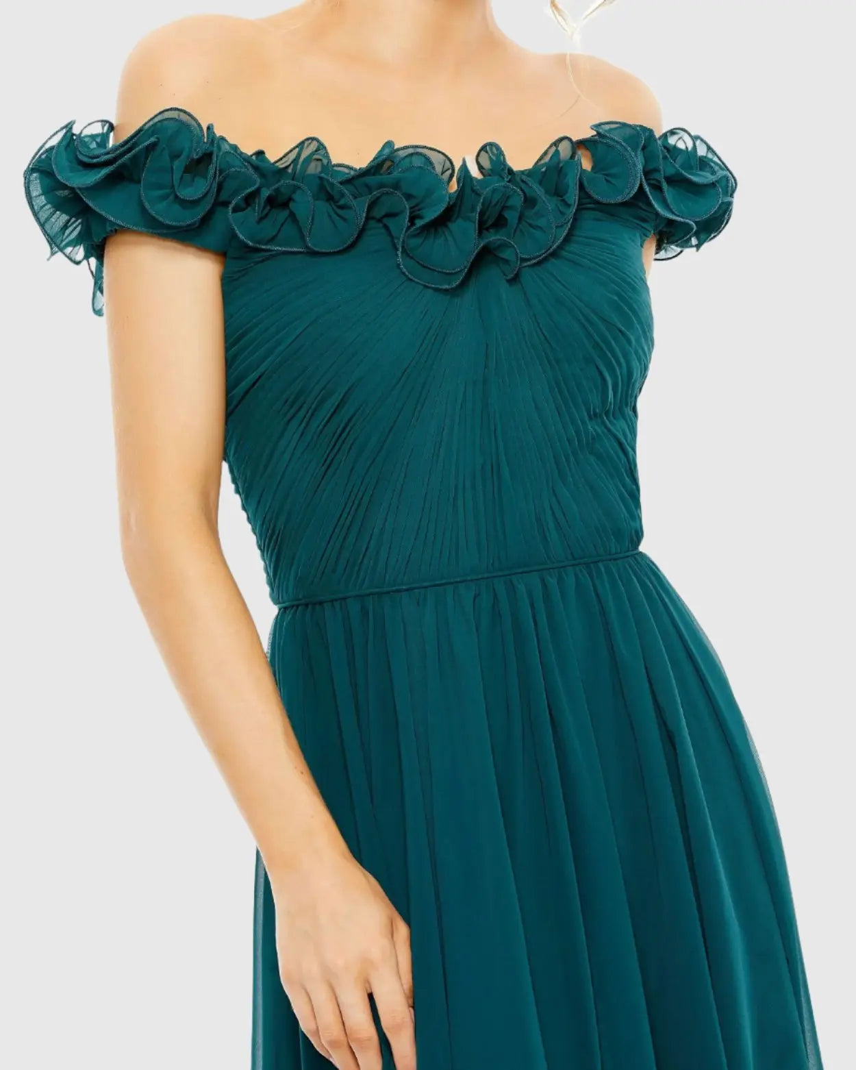 Teal Ruched Off The Shoulder A Line Gown - FINAL SALE