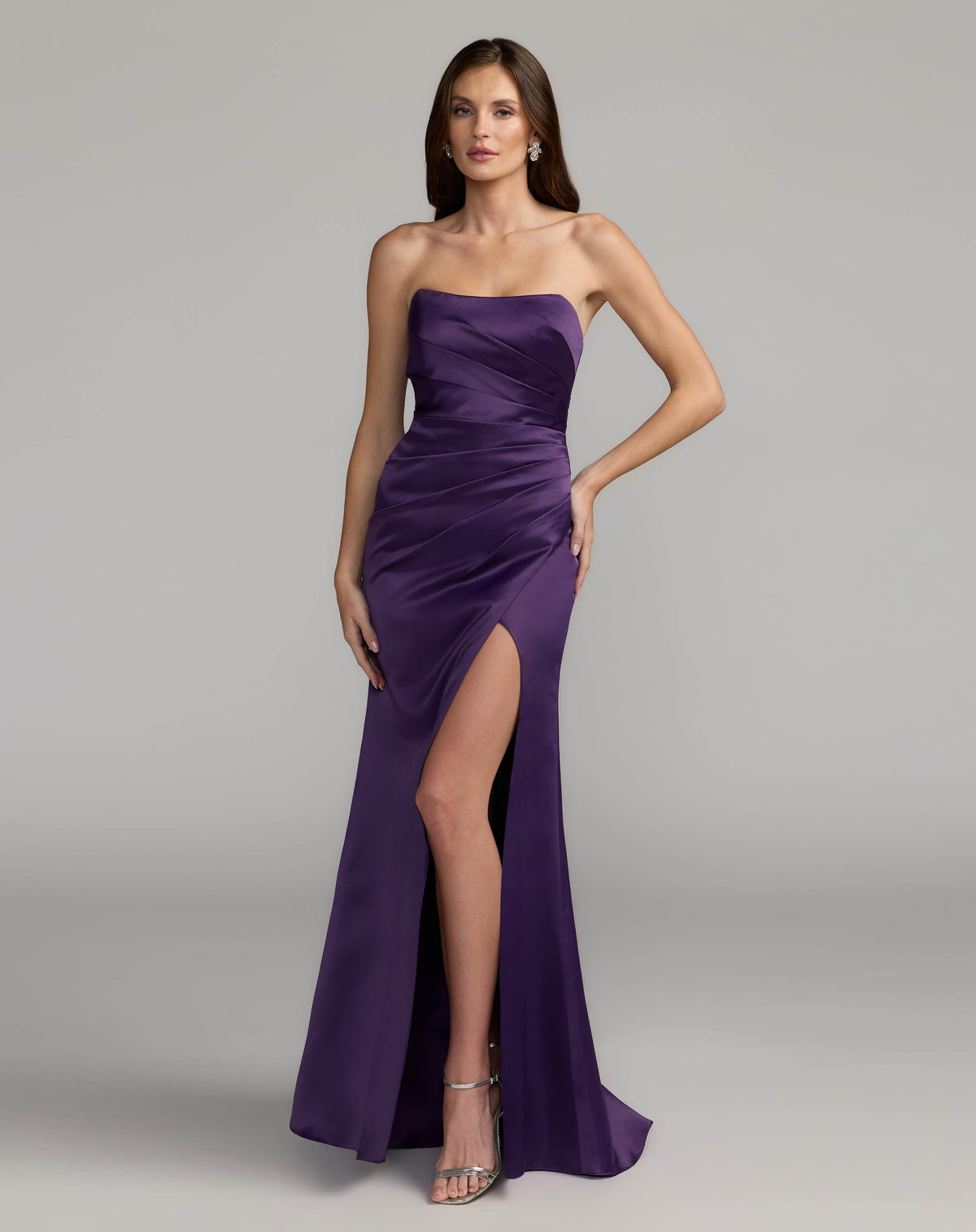 Strapless Gathered High Slit Gown
